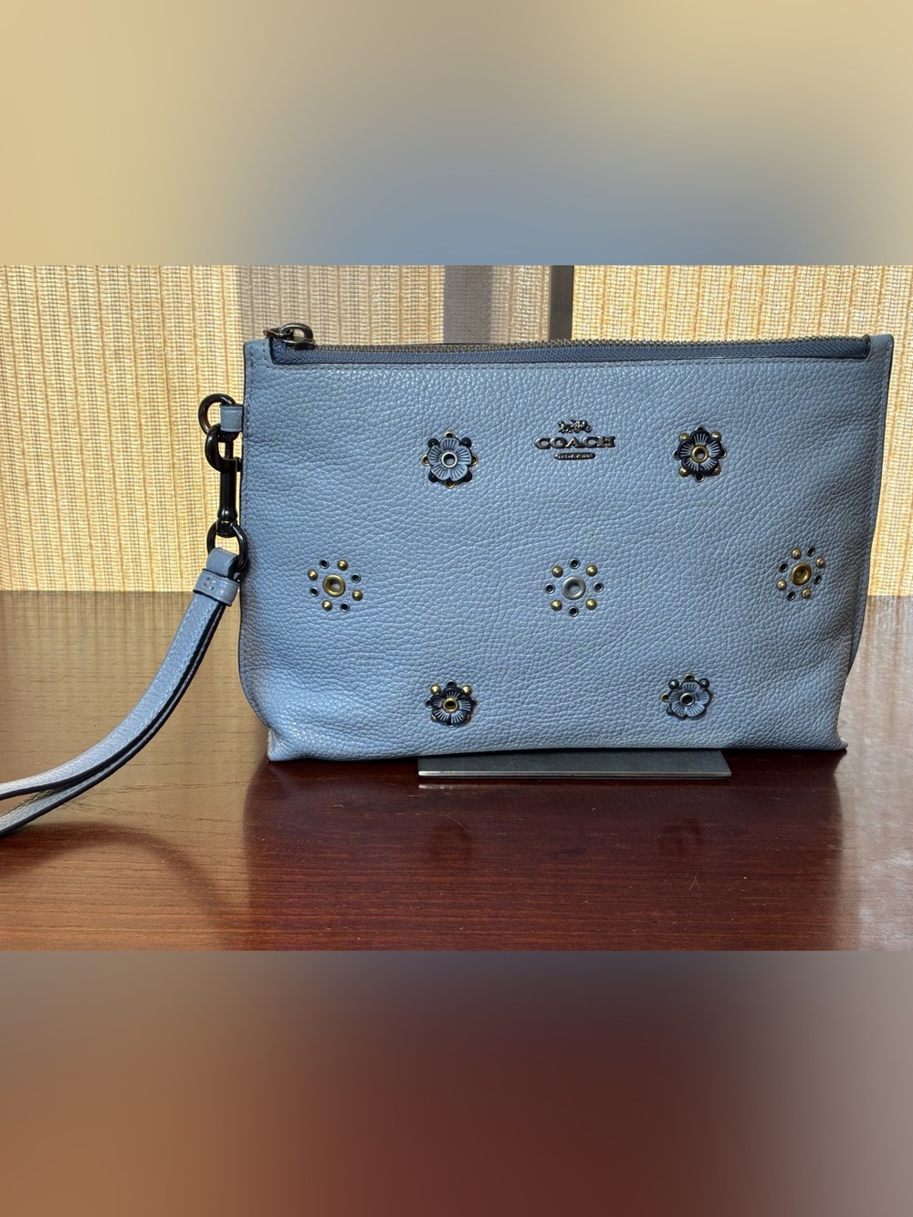 Coach Tea Rose Studded Leather Wristlet